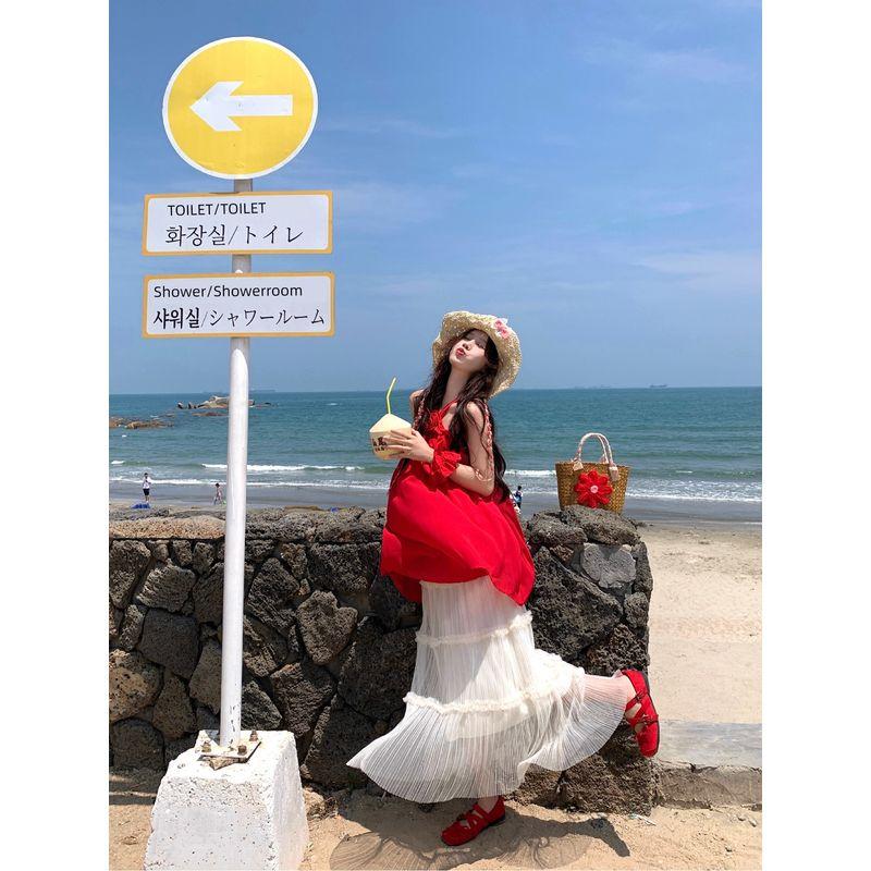 Kumikumi Idle Style Set Red Halter Top Women Summer High Waist Slimming Versatile Skirt Two-piece Set