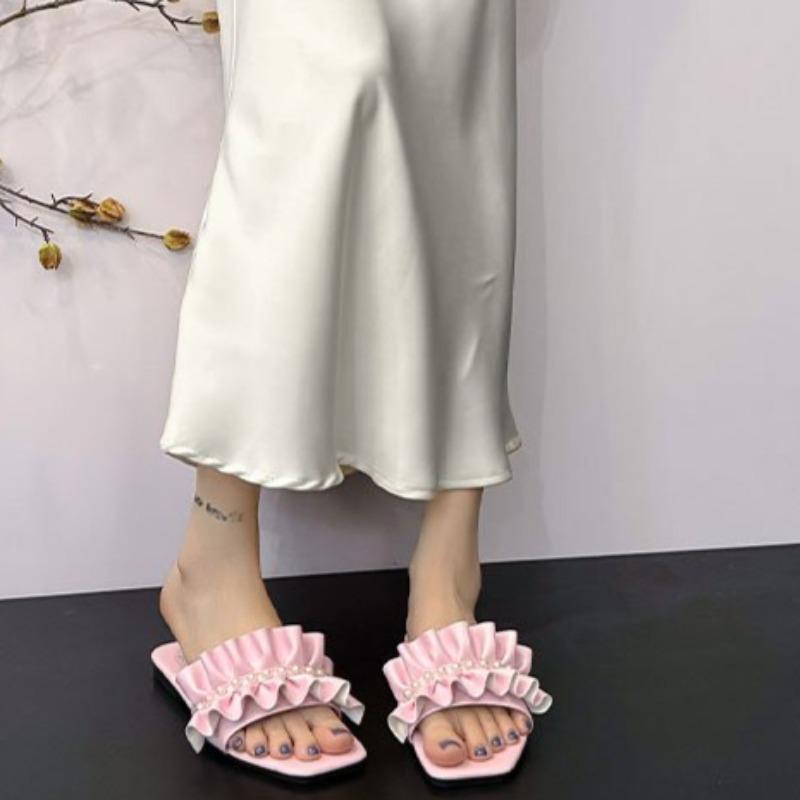 Fashion Women's Fashion Flat Shoes Summer New Square Head Shallow Mouth Beaded Soft Sole Anti-slip Wear-resistant Slippers