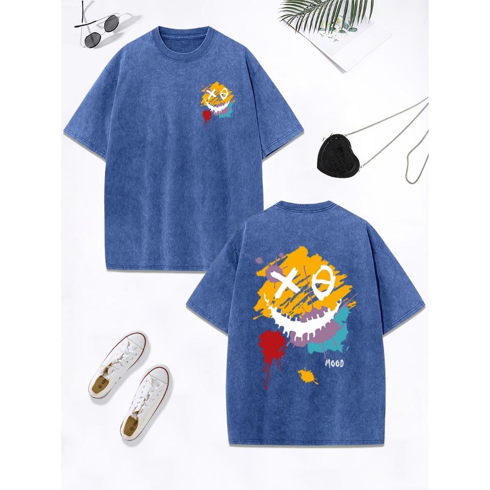 Happy Mood Paint Graffiti Prints Washed T-Shirt Women Cotton Oversized Tops Comfortable O-Neck Distressed Clothes