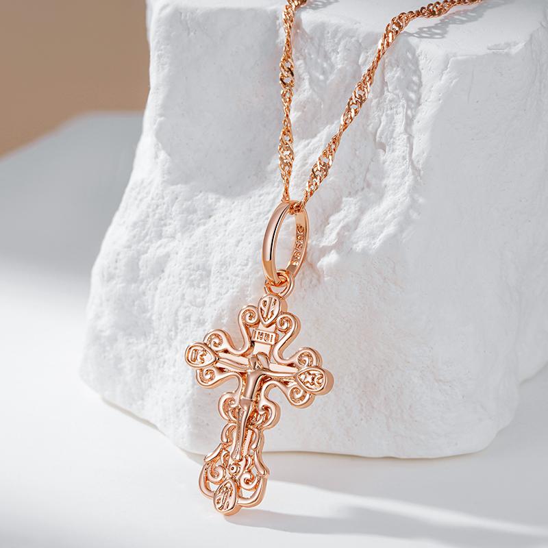 Luxury  Rose Gold Color Cross Pendant Necklace For Women Men Orthodox Church Jesus Glossy Charm Daily Fine Jewelry