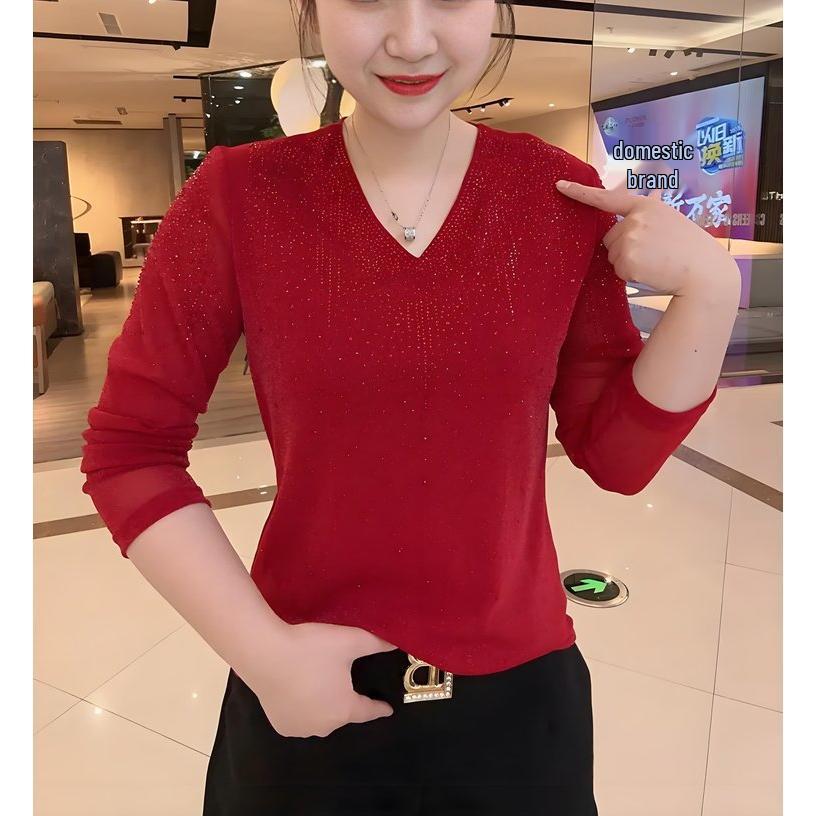 2026 Spring/Autumn Women's Rhinestone Knit Cardigan & Long Sleeve V-neck T-shirt