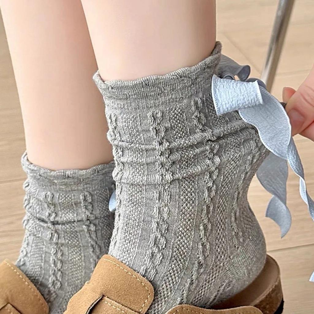 Heel Ribbon Bow Socks Children in Summer Thin Sweet Girl Lolita Socks Women Fried Dough Twists Pattern Tube Socks Absorb Sweat