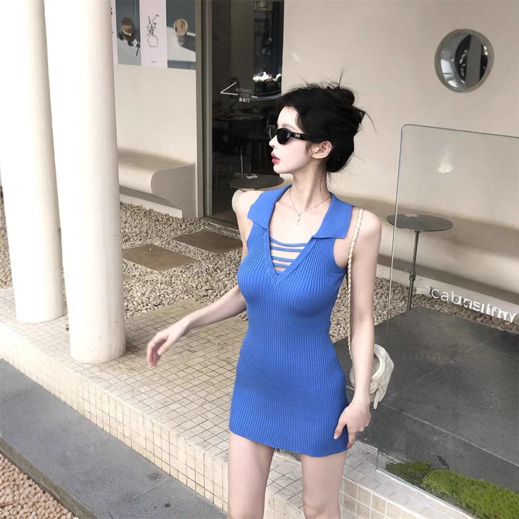 Pure Desire Wind Backless Knitted Neck Dress Women's Summer Slim-fitting Waist Sleeveless Skirt Showing Figure Hip-wrapped Short Skirt