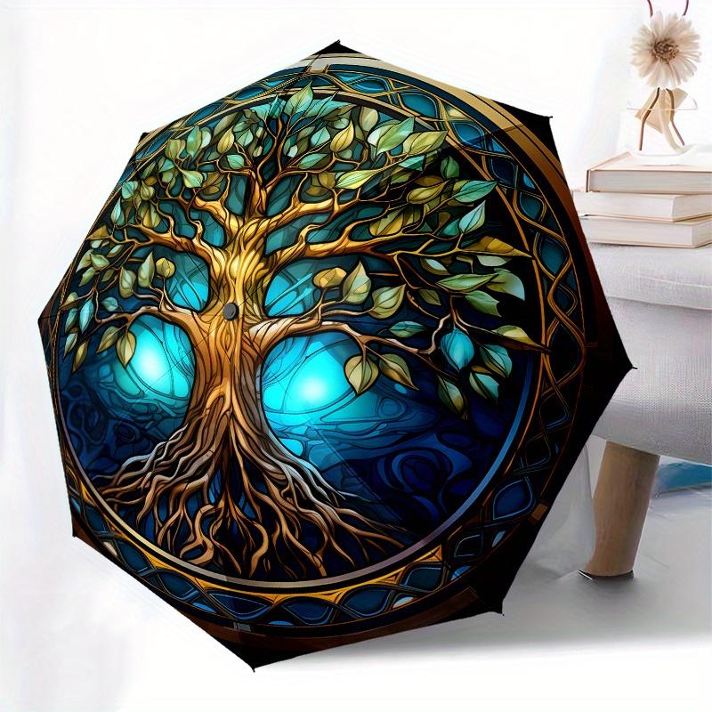 Stained Tree of Life Wall Art DecorUmbrella, Portable 3-Fold Compact Umbrella for Men & Women Gift
