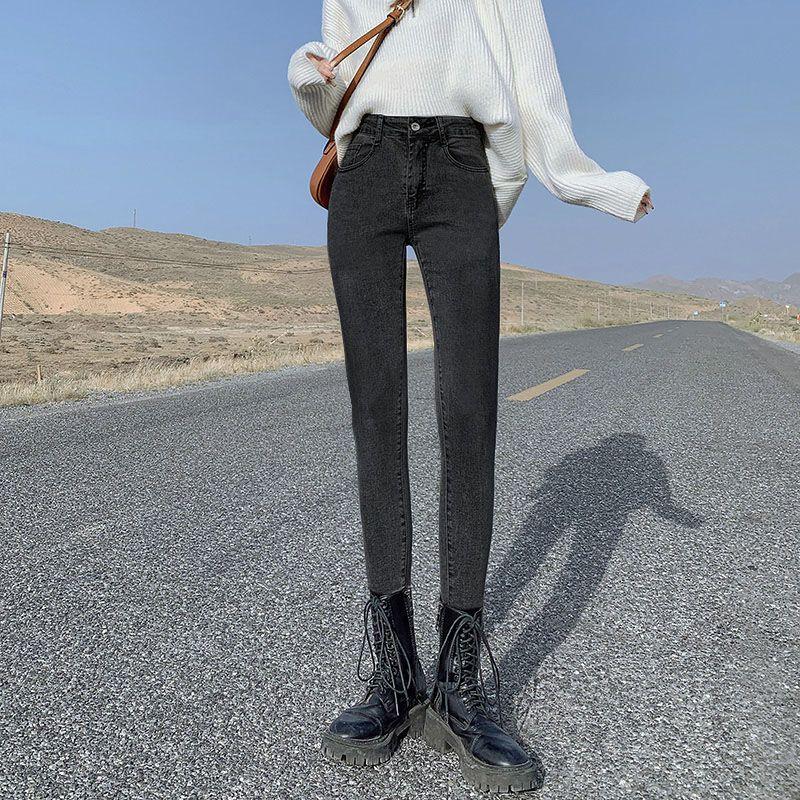 

High-waisted Stretch Light Blue Slim-fit Pants 4XL