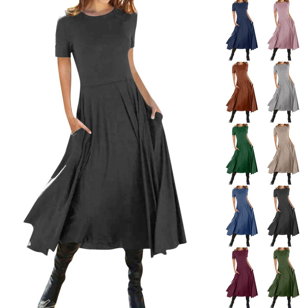 Women's Fashion Summer Color Short Sleeve Pocket Pullover Dress