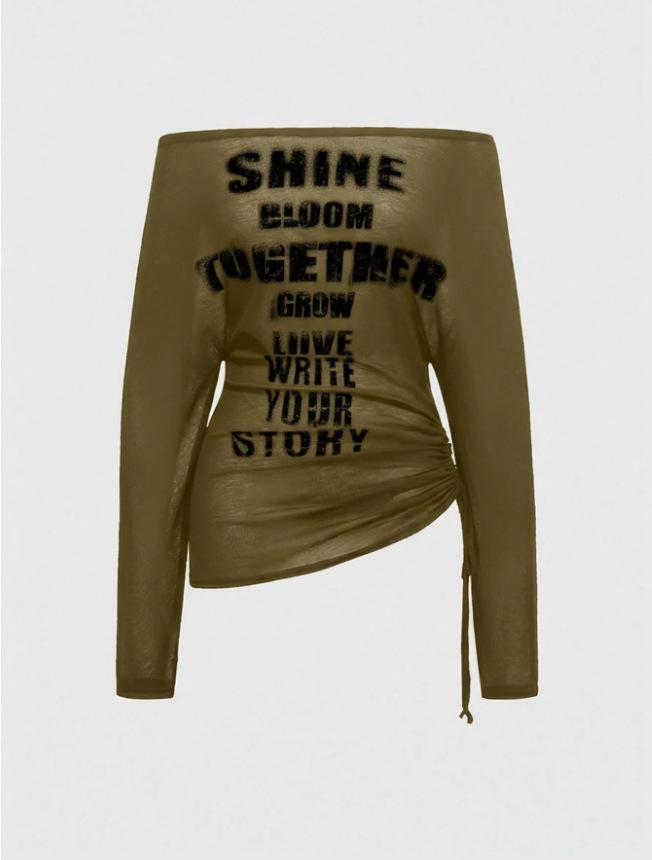 Autumn/Winter Slim Fit Ribbed Long Sleeve Top with Letter Print for Women