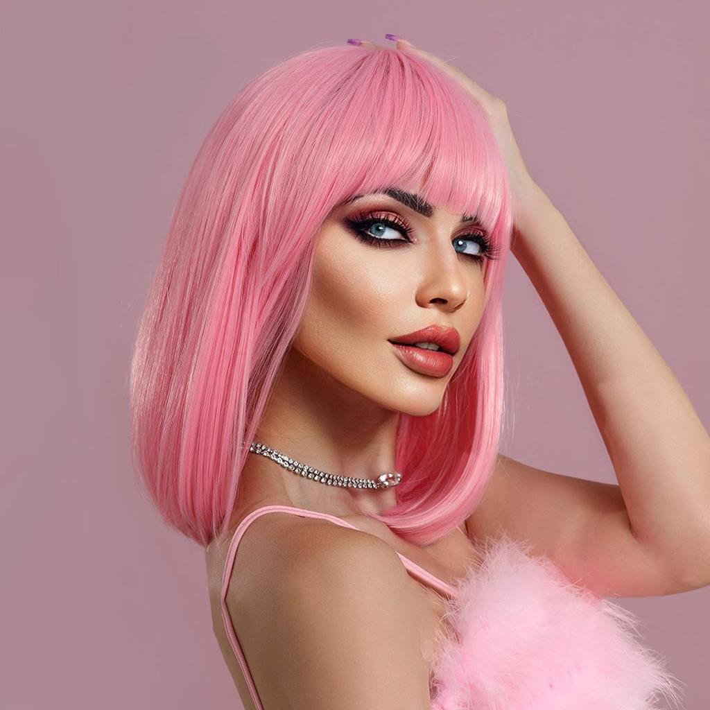 Women's Simulation Wig 36cm Hair Short Straight Wig Full Headgear Rose Hair Net Headdress Beauty Decoration Wig