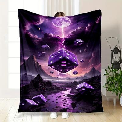 Purple Dice Fantasy Landscape Wall Art PrintBlanket Flannel Throw Blanket for Sofa, Bed, Travel, Camping, Office
