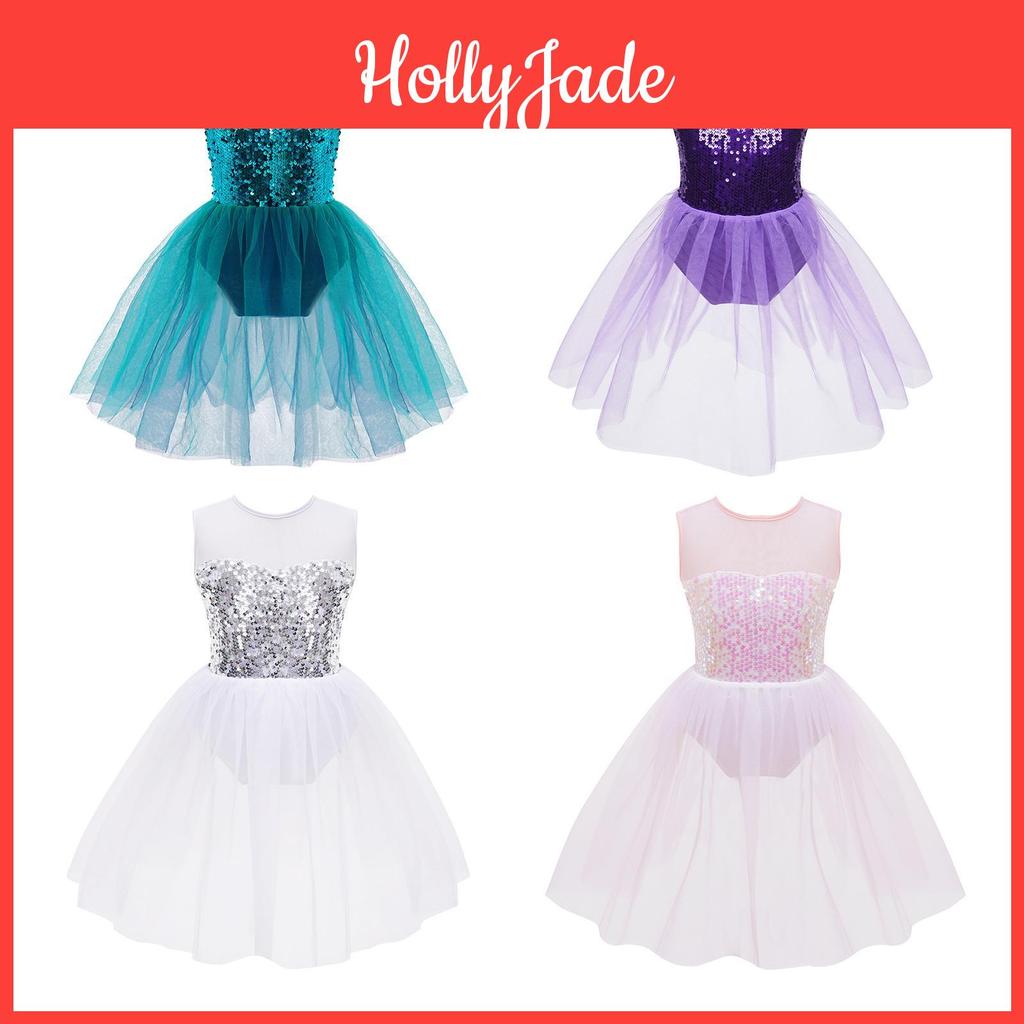Girls Leotard Kids Dance Dress Ballet Figure Skating Shiny Sequins Bodice Open Back Mesh Tutu Dress Costume
