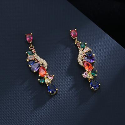 Pendientes largos de circonitas de lujo con borlas coloridas