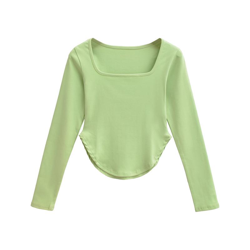 

Spicy Girl Square Neck Cinched Waist Long Sleeve T-Shirt for Women - Spring/Autumn Base Layer, High Waist, Curved Style Top Medium зелёный