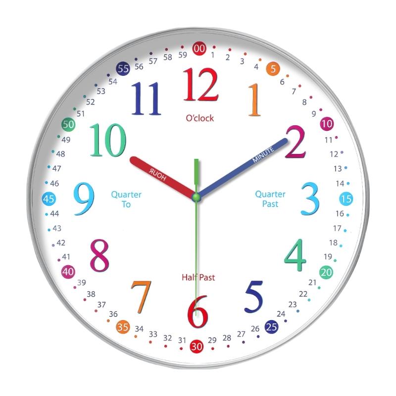 Colorful Kids Teaching Wall Clock Quiet Battery Operated Telling Time Learning Clock for Bedrooms Playrooms Classrooms