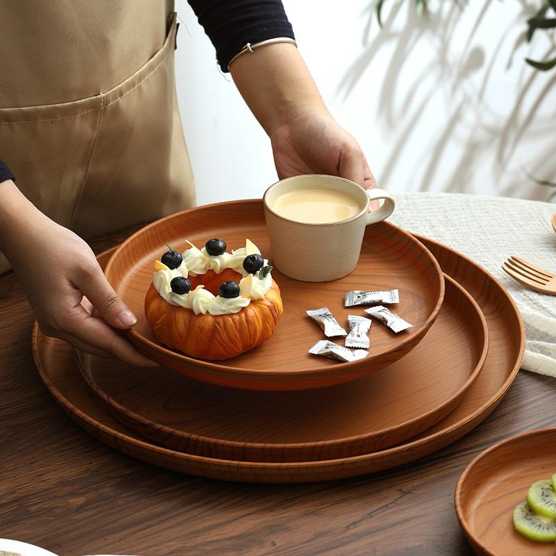 Wood Grain Tray Plastic Household Cup Teacup Tray Round Fruit Tray Commercial Hotel Water Cup Kettle Storage Plate