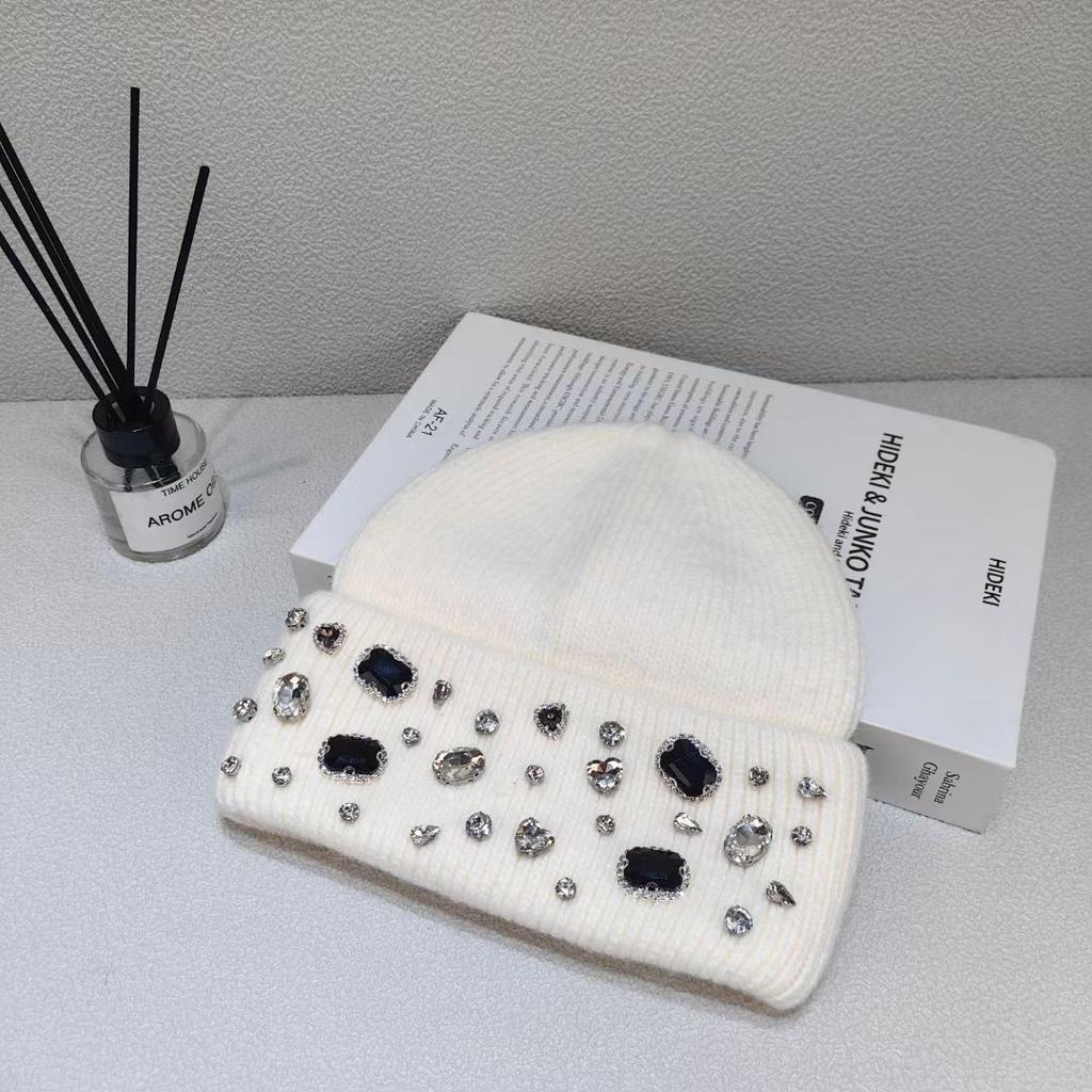 Rhinestone Rabbit Wool Hat for Women In Autumn and Winter White Big Head Knitted Hat Showing Face Small Northeast Wool Hat Cold Hat