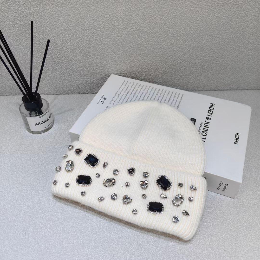 

Шерстяная шапка с горным хрусталем в виде кролика для женщин на осень и зиму, белая вязаная шапка для маленького лица, шерстяная шапка для Северо-Востока, теплая шапка M（56-58cm）