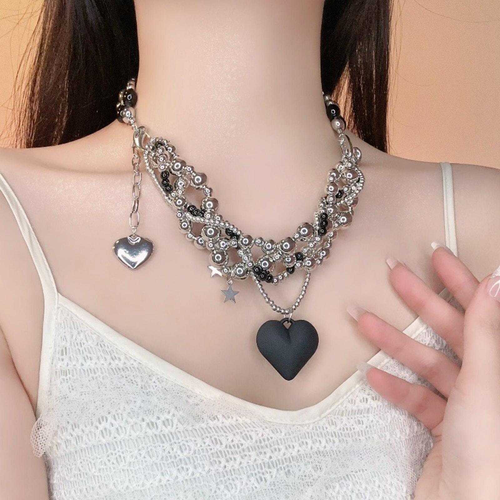 American Heavy Industry Heart-shaped Beaded Necklace, - Female Instagram Hip-hop Cold Retro Collarbone Chain. One Size
