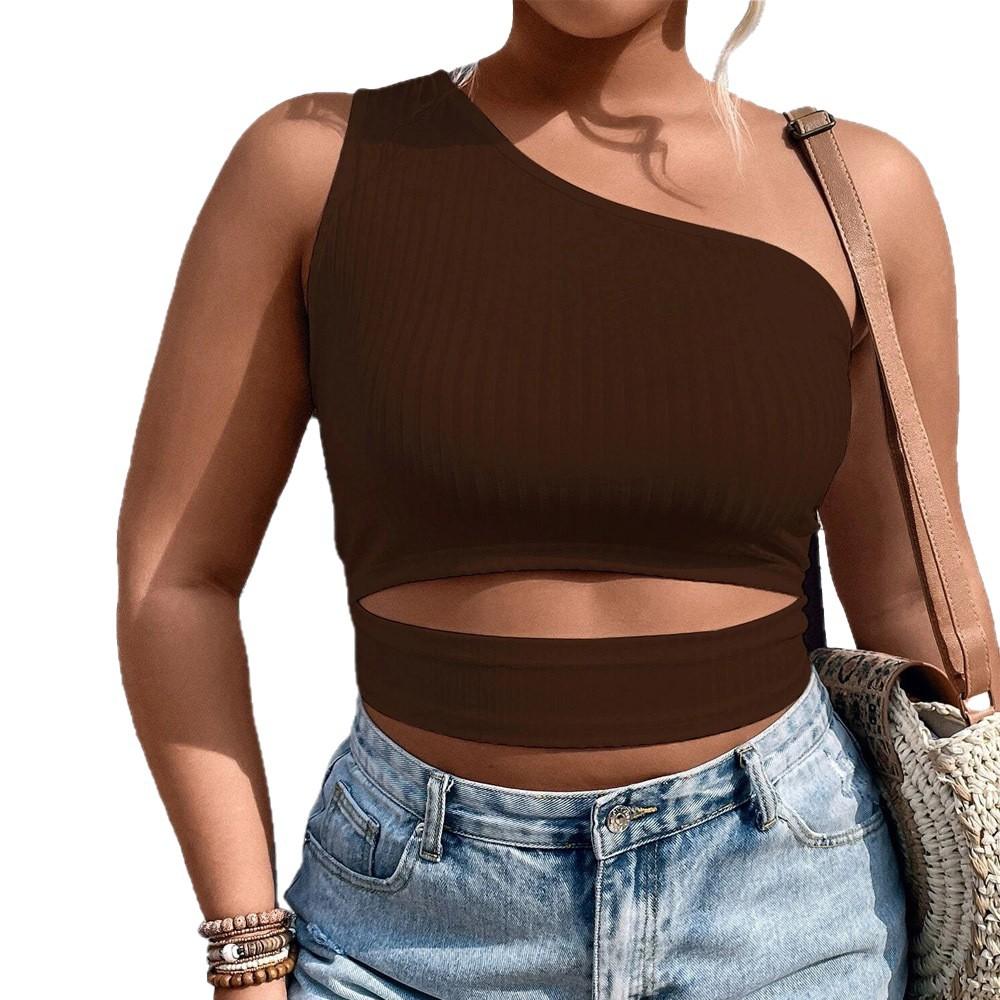 European and American Large-size Women's Clothing New Ins Fashion Versatile Slanted Shoulder Short Knitted Vest Navel Top