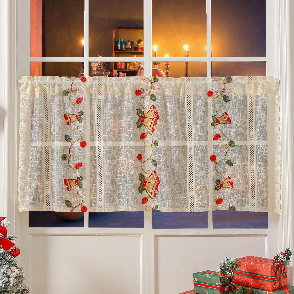 Embroidered Christmas Curtains Bells Embroidered Lace Blackout Rectangles Decorative Coffee Curtains