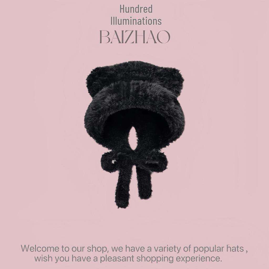 Mångsidig koreansk randig stickad vintermössa med fluffigt öronvärmare