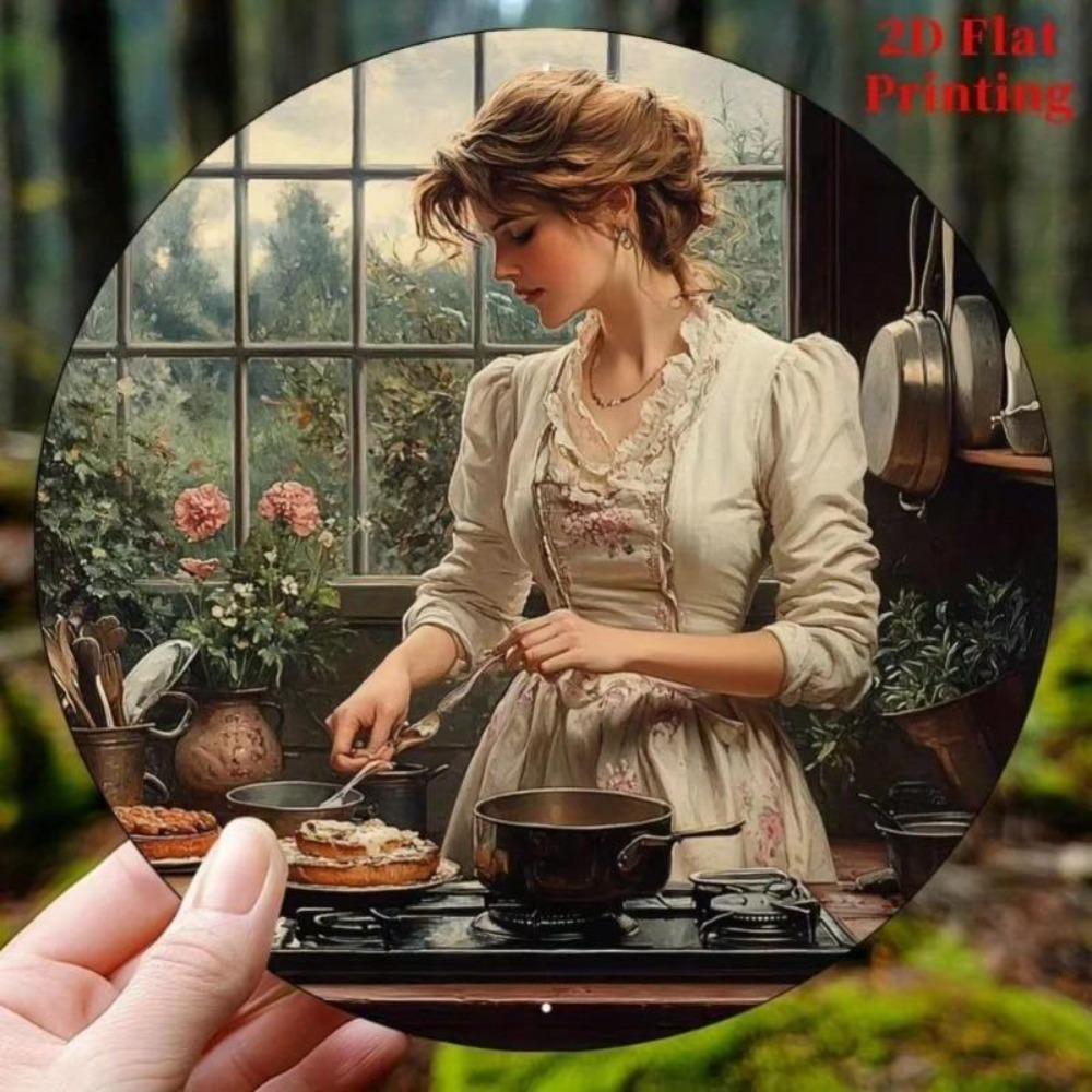 Aluminum Wall Art Floral Dress Woman Cooking Vintage Metal Painting Home Decor Mother's Day Gift