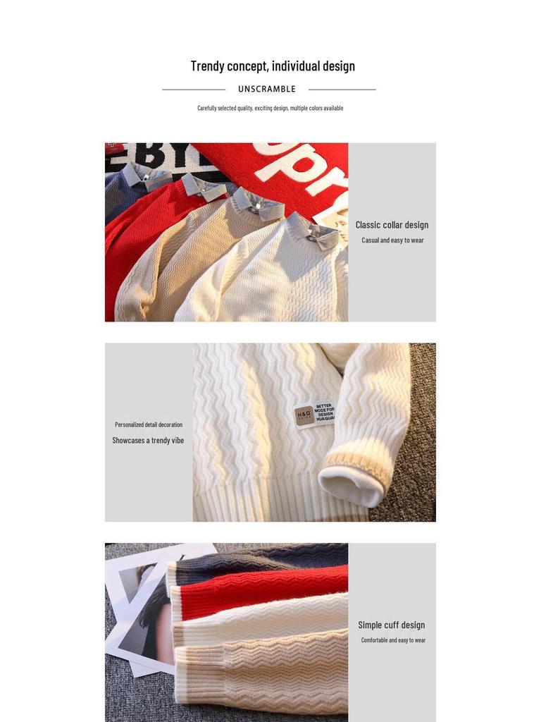 2024 Men's Autumn/Winter Loose Knit Sweater with Shirt Collar, Plus Velvet Two-Piece Look