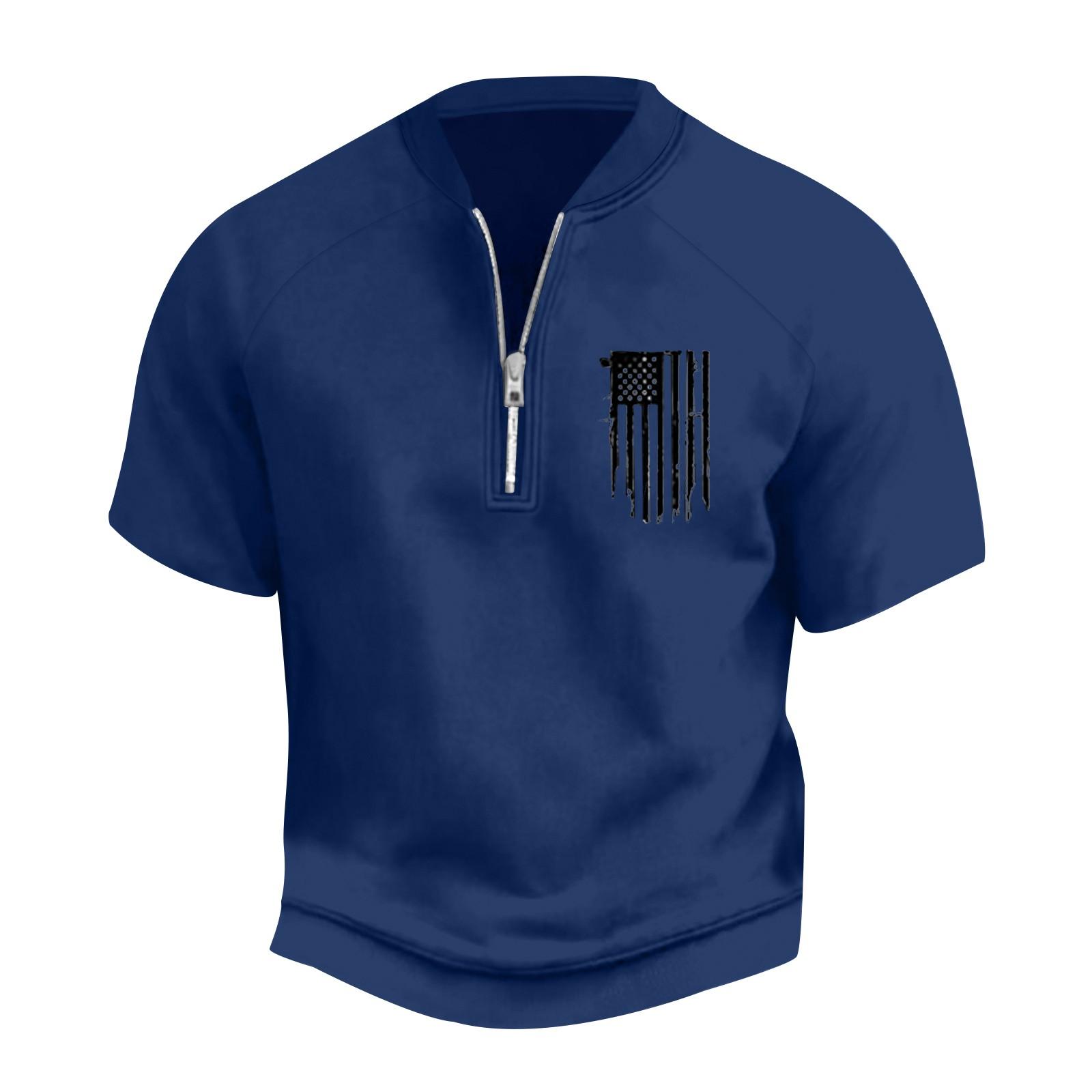 

Мужская летняя винтажная футболка с полумолнией и принтом флага Дня независимости с коротким рукавом XL