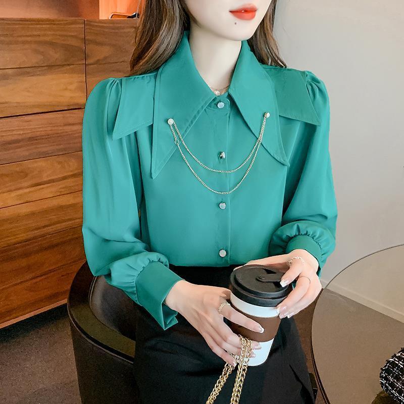 

2024 Spring Women s Doll Collar Bubble Sleeve Shirt: Chic, Loose-Fit Design Large зелений