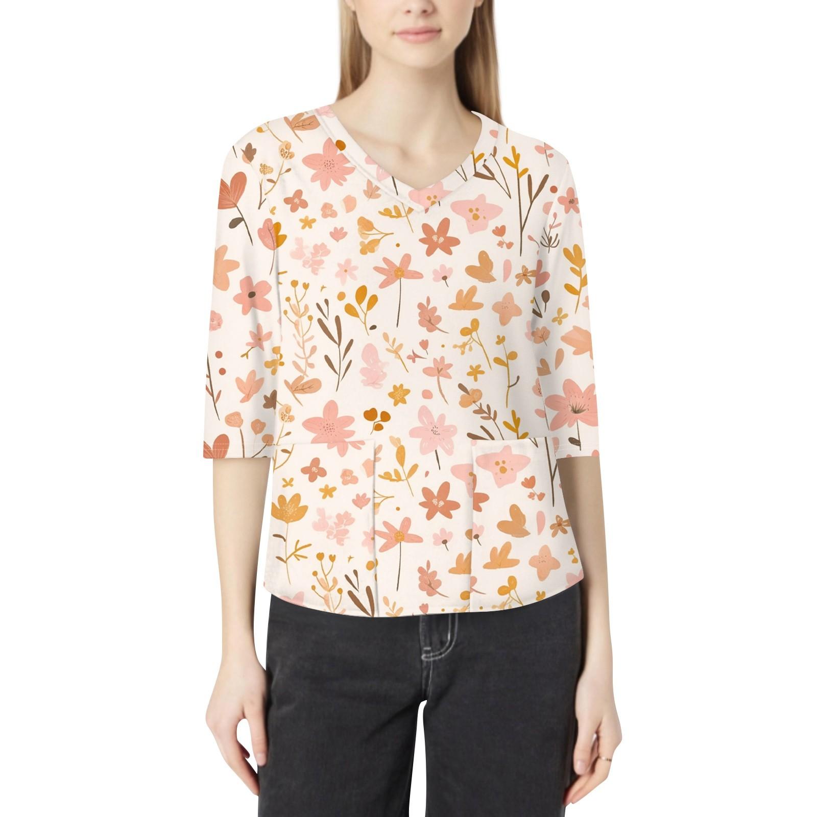 

Модная женская рабочая одежда с v-образным вырезом и рукавами 3/4, свободные топы с карманами и принтом M оранжевый