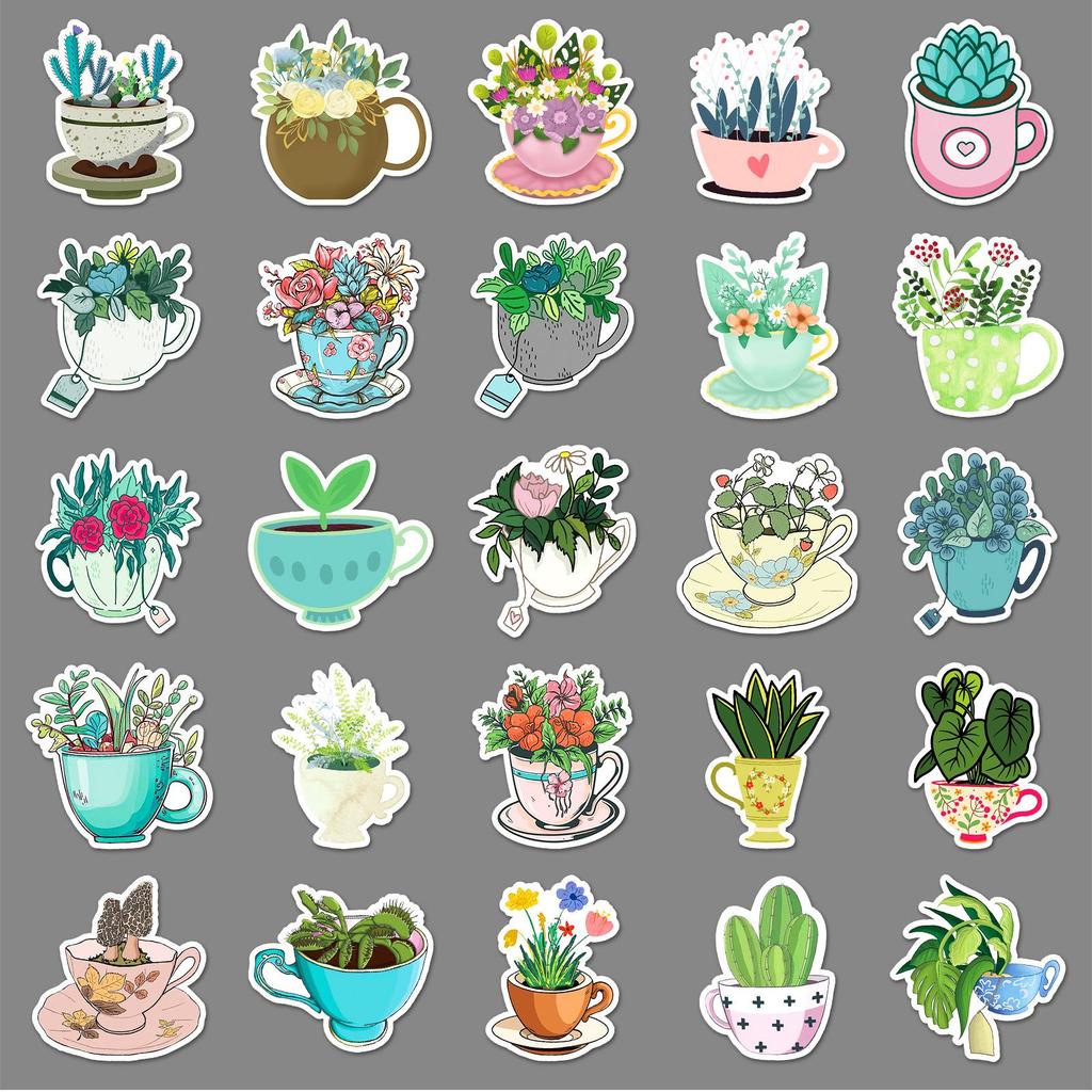 50pcs Artistic Tea Cup Stickers: Fresh, Waterproof, Decorative Milk Tea Designs for Journals and Crafting