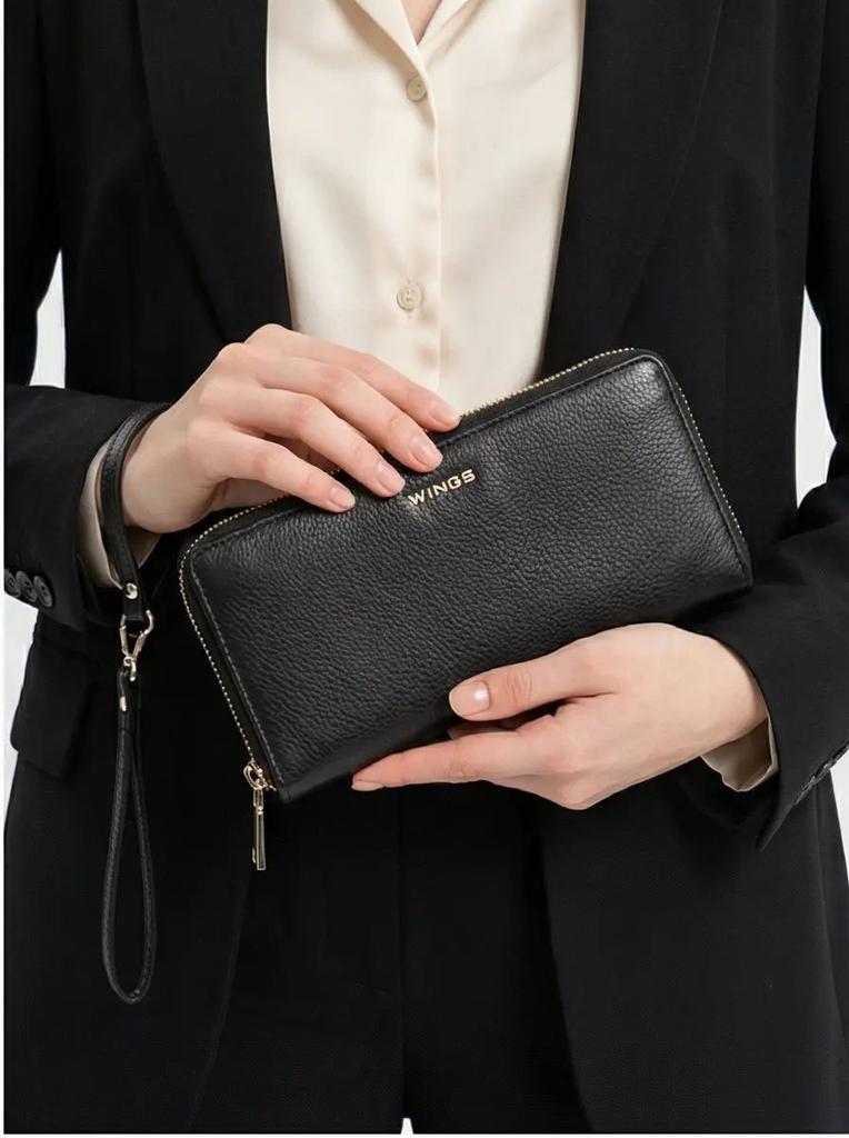 Women' Leather Wallet with Wings Wrist Strap Black