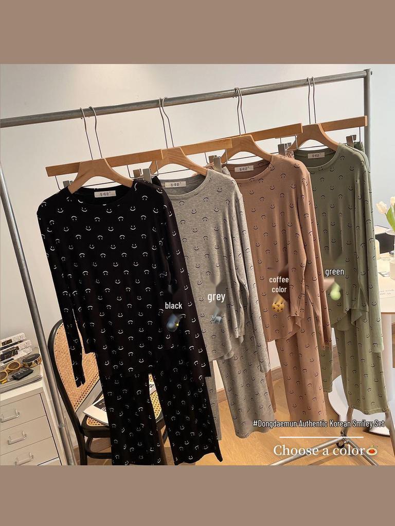 Women's Korean Smiley Face Cartoon Pajamas Set – Long-Sleeved Pullover & Trousers for Autumn/Winter