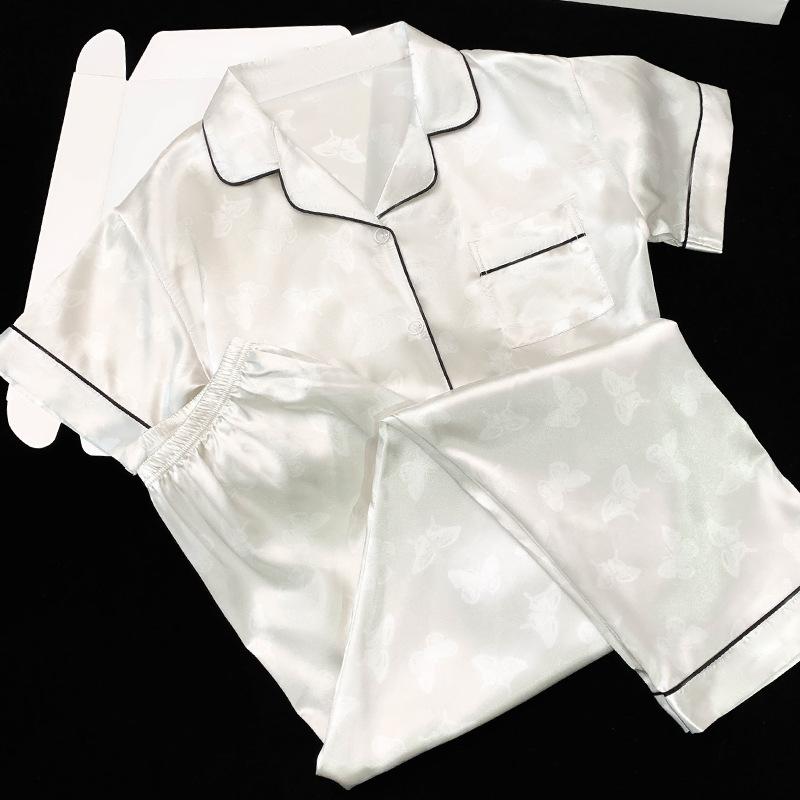 Butterfly Texture Printed Loungewear Women'S Summer Ice Silk Short-Sleeved Trousers Can Be Worn Outside Pajamas