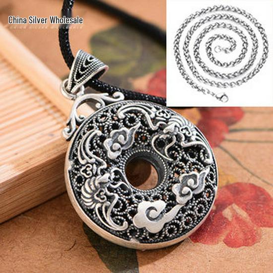 Sterling Silver S999 Unisex Auspicious Cloud & Bat Necklace - Retro Good Luck Peace Buckle Pendant.