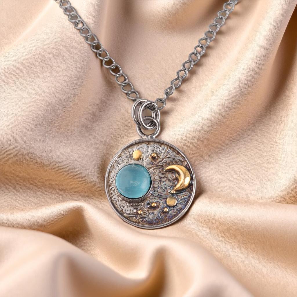 Blue Cat's Eye Gemstone 925 Sterling Silver Jewelry Handmade Women Pendant 1.30" PP-33-41