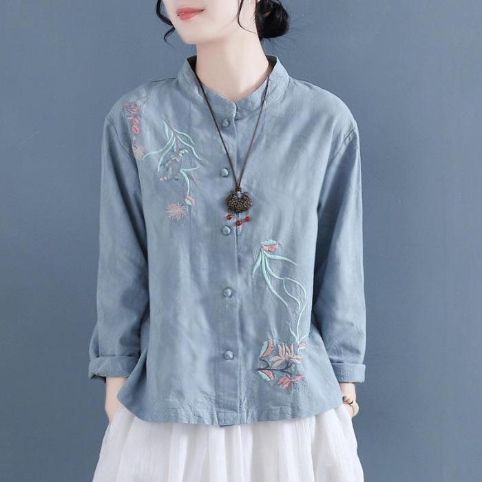 

Vintage Chinese Embroidery Cotton Linen Stand Collar Shirt - Spring/Autumn 2025 XL синий