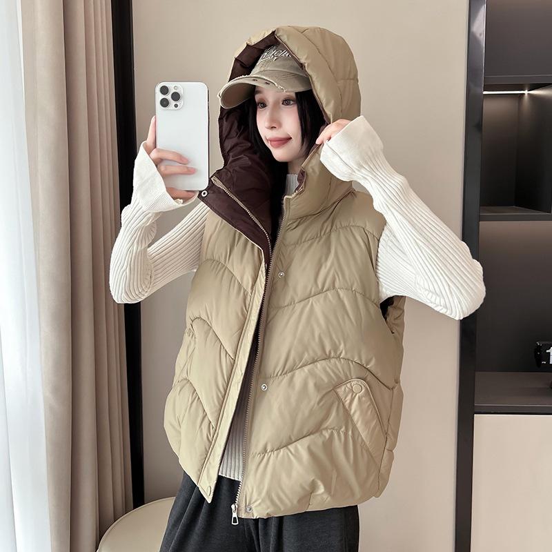 Women's winter hooded down cotton vest sleeveless cotton jacket vest warm loose casual cotton vest batch