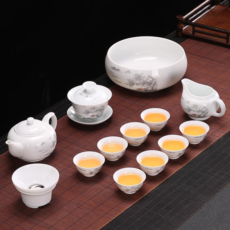 Kung Fu čajová souprava keramický čajový šálek bílý porcelán celá sada modrobílý čajový šálek víčko miska čajová souprava