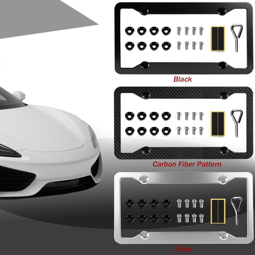 OLLEN Aluminum License Plate Frames For Front & Rear, 2 Pack Heavy Duty Car Tag Holder Protector, With Mount Hardware, Screws Caps, 8 Rattle Proof