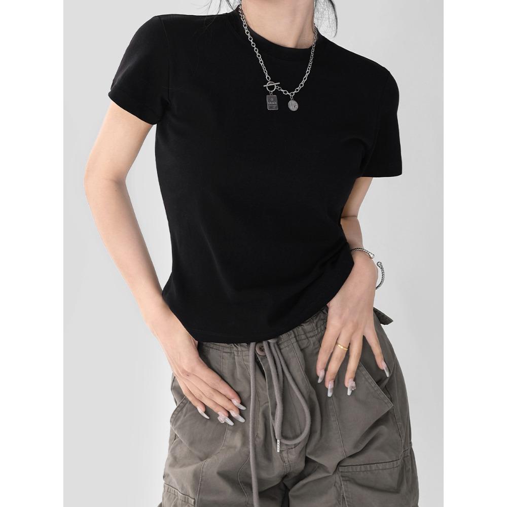 Small Round Neck Shoulder Short Sleeved T-shirt for Women In Spring and Summer, Slim Fit and Slimming, Can Be Worn Outside, High-end and Spicy Girl