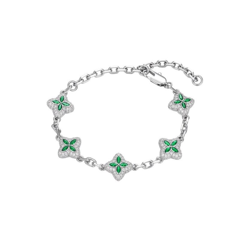 Vintage Antique Light Luxury Thousand Gold Feeling Emerald Pink Diamond Four-Leaf Clover Bracelet High-End Exquisite Design Jewelry