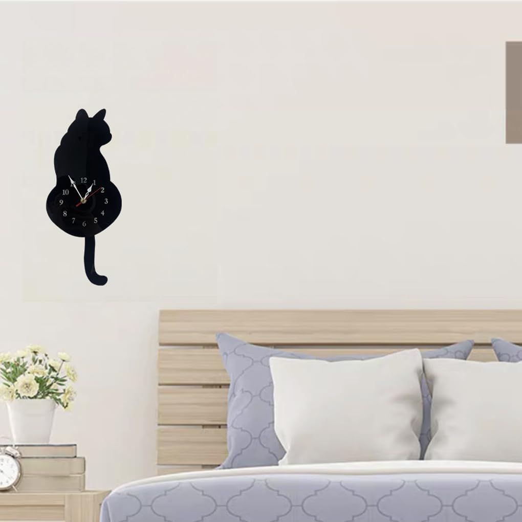 3D Cat Wall Clocks Silent Call Clock with Swing Tail Pendulum for Living Room Bedroom Kitchen