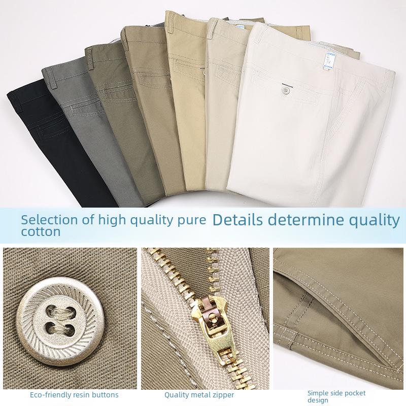 Men's Plus Size High Waist Cotton Work Pants - Summer Lightweight Casual & Formal Straight Leg Trousers for Middle-Aged & Elderly.