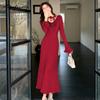 Elegant Fashion Autumn Winter Women Floral Sweater Dress Red Beige Grey Brown Knitting Ruffles Dress Flare Sleeve Feminine Warm Dress