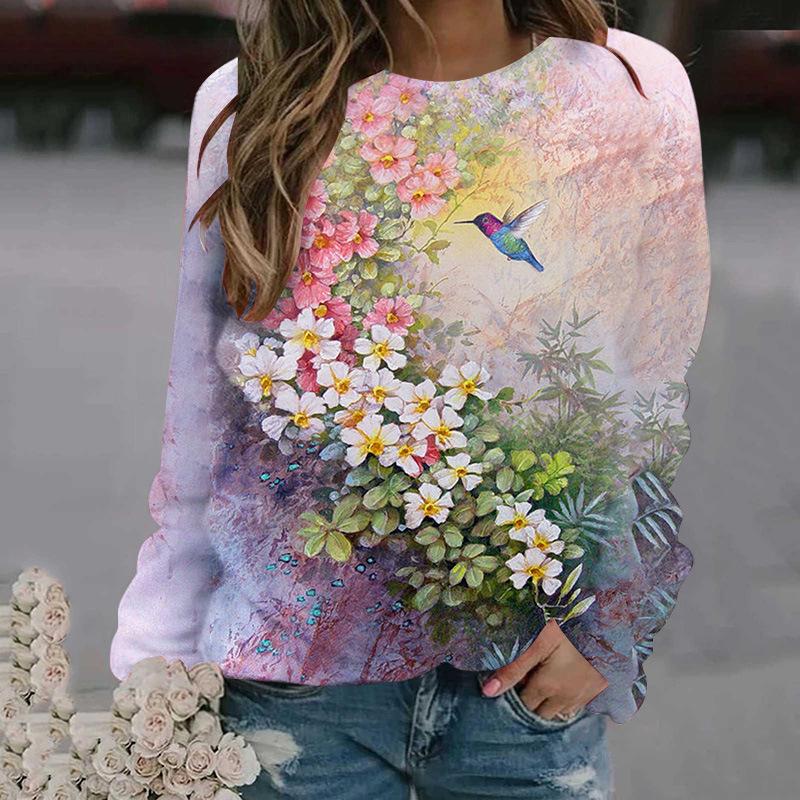 Oil painting flower pattern 3D printing sports shirt women s long sleeved shirt XS