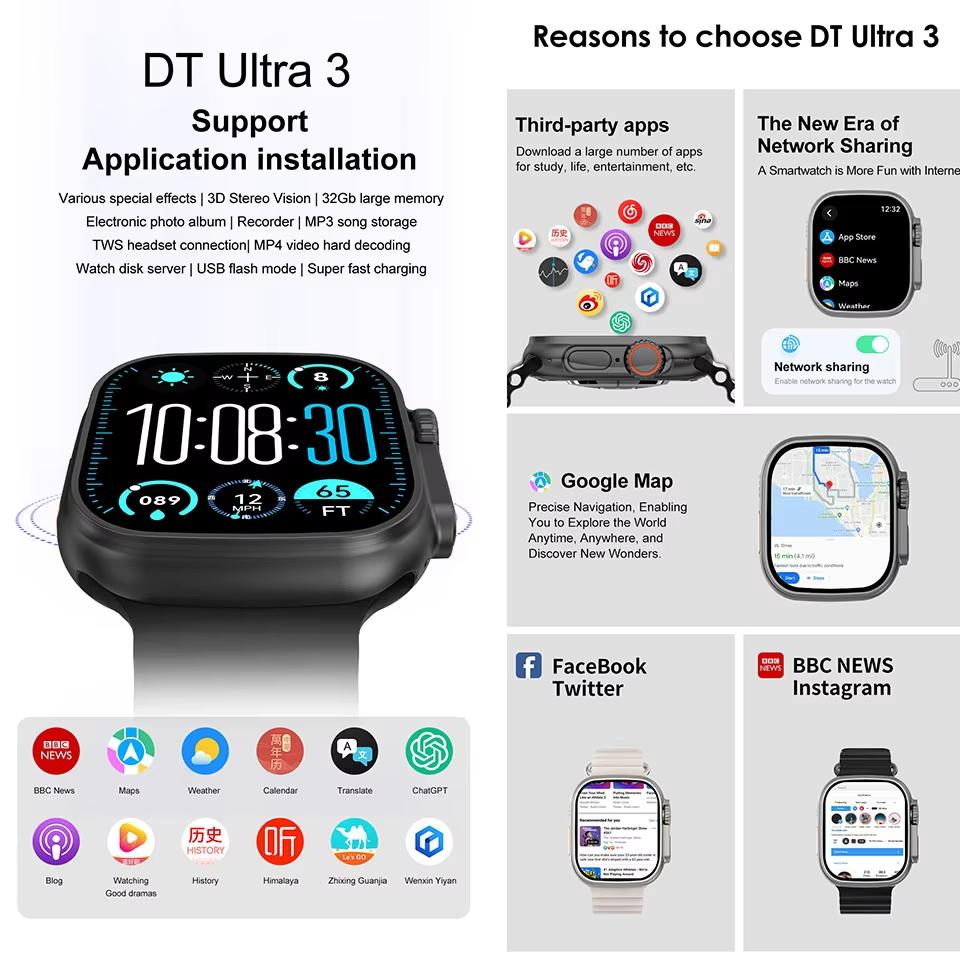 DT Ultra 3 Smartwatch Amoled Screen 4GB MP3 MP4 Player Bluetooth Network Sharing APP Store ChatGPT Smart AI Watch Men Sportwatch