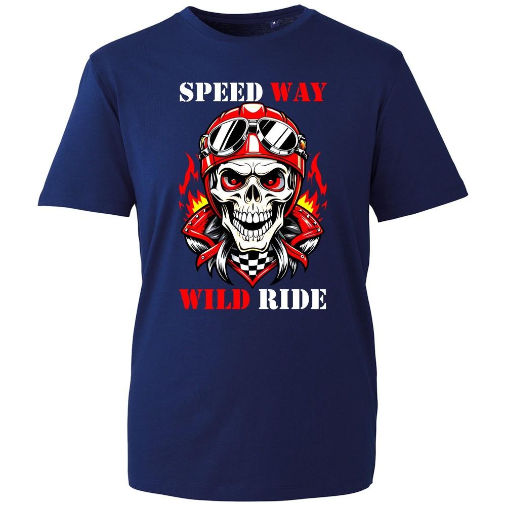 Speedway Unisex T Shirt Biker Skull Graphic Tee Motorbike Wild Ride Black Cotton S