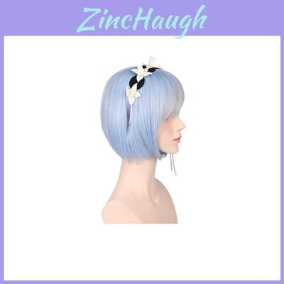 Premium Women Short Ram Rem Cosplay Wig With Stylish Adornment And Heat Resistant Synthetic Bob Hair