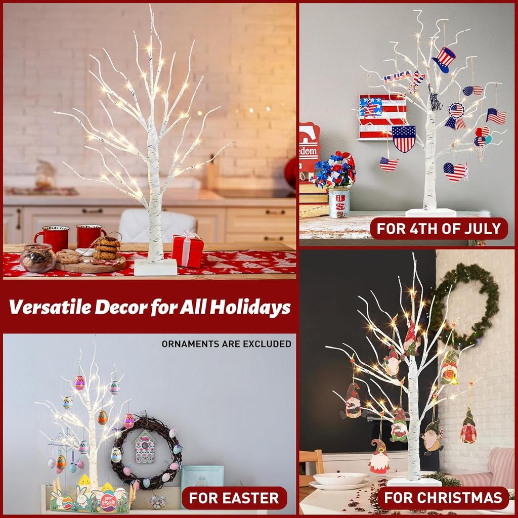 PEIDUO Artificial Tree for Easter Decorations, 2 FT Birch Tree with LED Lights, Warm White Fairy Lights Spirit Tree Lamp for Home Indoor Tabletop