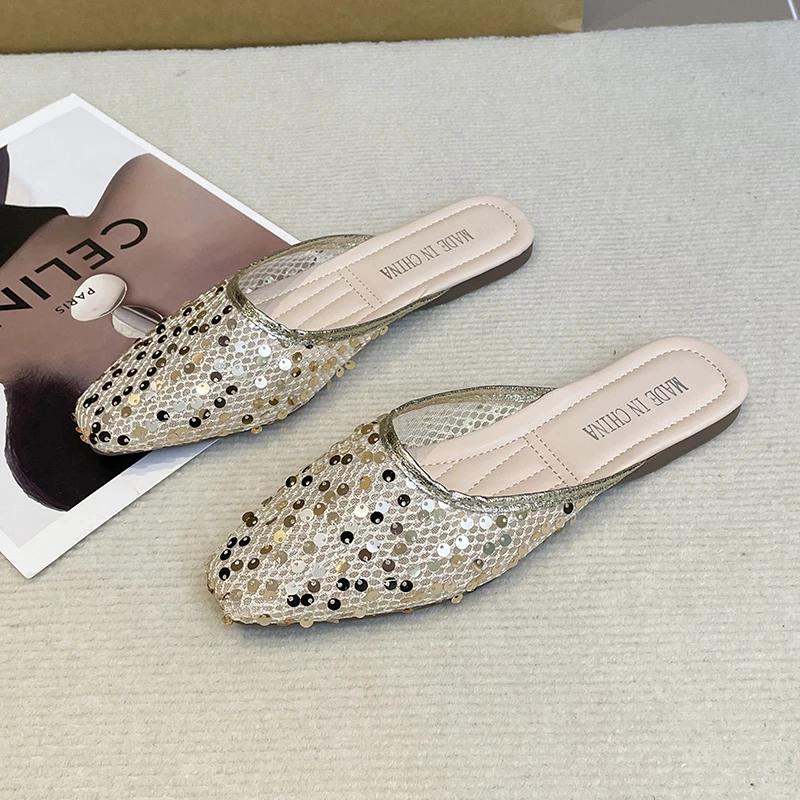 2025 ny sommar mode lyx platt klack festskor platta slip-on avslappnade bekväma damer diamant tofflor